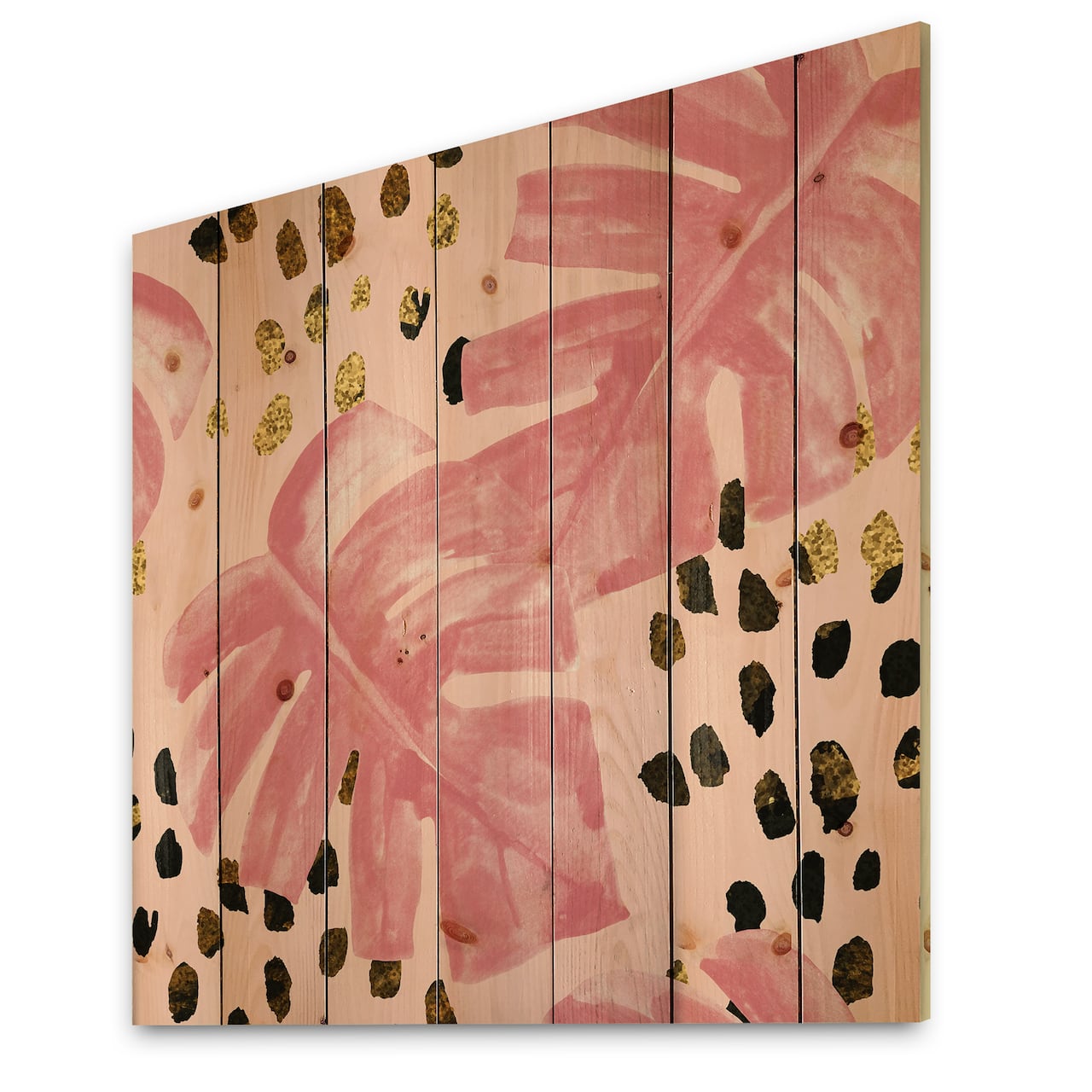 Designart - Pink Colored Monstera On Rough Brush Strokes I - Tropical Print on Natural Pine Wood